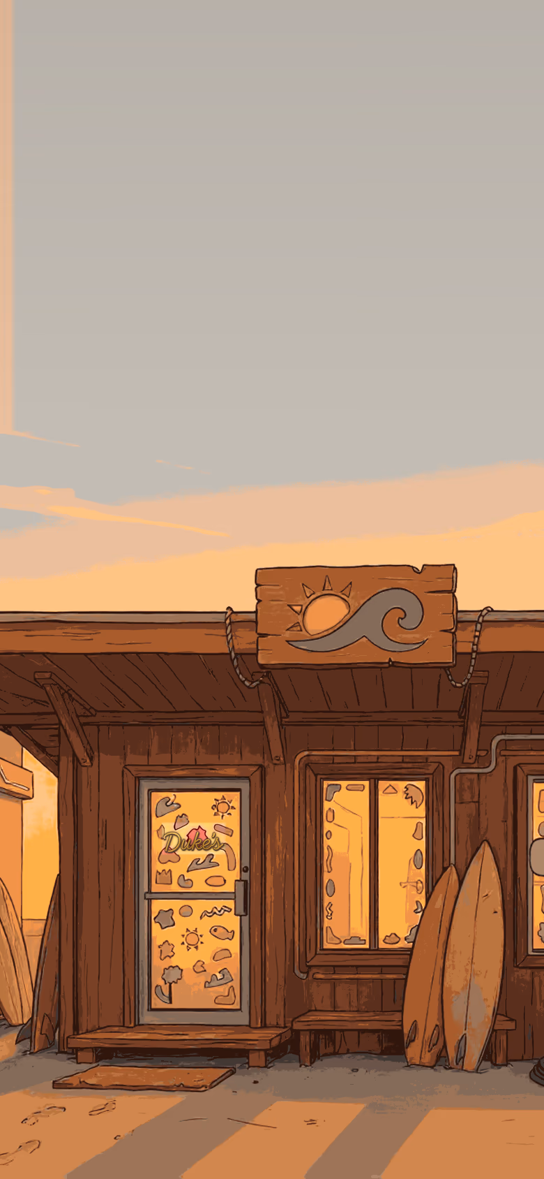 Duke's hand built surf shop at golden hour, his name painted in gold on the door glass, surfboards stacked at the alley mouth, the old video rental shop next door under a wide open sky.